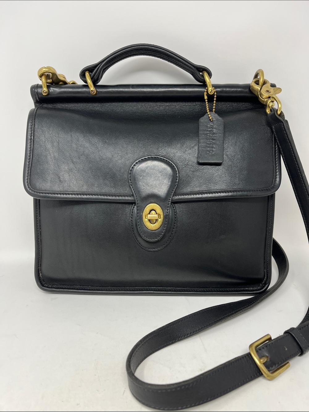 COACH VINTAGE WILLIS 1996 BLACK LEATHER TWIST LOCK BRIEFCASE BAG BRASS HARDWARE